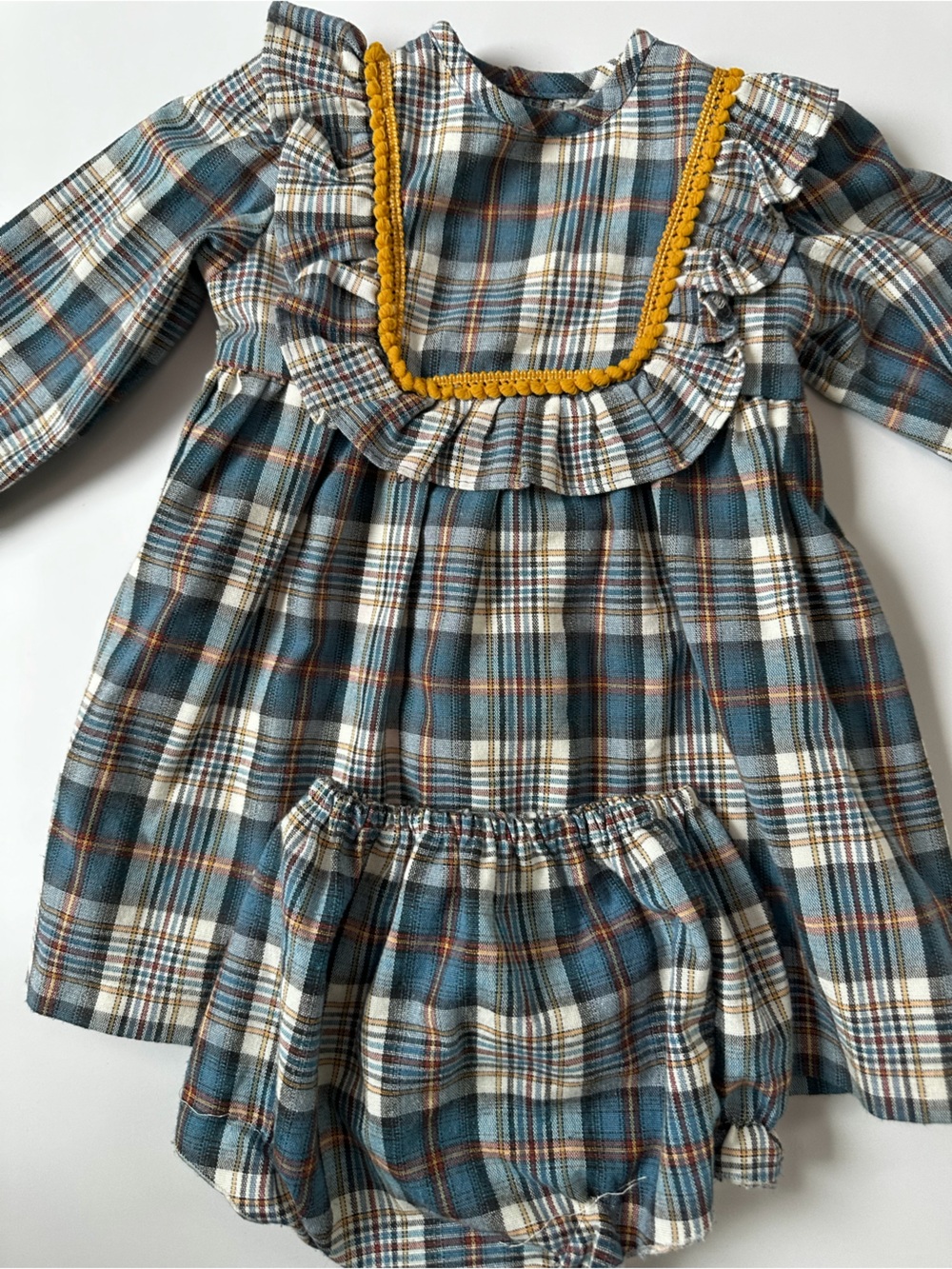 Girls Plaid Dress & Bloomers Set in Teal and Mustard Trim